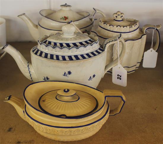 Two Castleford type moulded teapots, 19C Harley blue & white teapot & oval flower-decorated pot (all a.f)